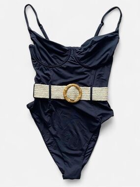 WeWoreWhat Danielle belted black one piece swimsuit
